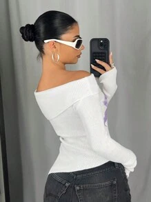 SHEIN ICON Off Shoulder Print Long Sleeve Sweater Women, Asymmetrical Hem Top, Early Autumn - White - View 2