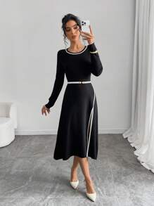 SHEIN Unity 女式撞色圆领长袖侧开衩下摆毛衣裙，秋冬 - 黑色 - 查看 4