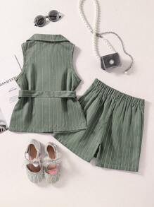 Girls Casual Striped Suit Set, Minimalist Striped Girls Suit Set, Fashion Versatile, Suitable For 4-7 Years Old Girls, Includes Sleeveless Blazer Top And High-Waist Button Skort, Made Of Lightweight Fabric, Suitable For Spring/Summer Wear. Suitable For Formal Occasions, Family Gatherings And Photo Shoots, Classic Gray Striped Design, Can Be Matched With Small Leather Bag And Headband, Showing Elegant Elegant, Let Young Girl Wear Office Style. - Grey - View 2