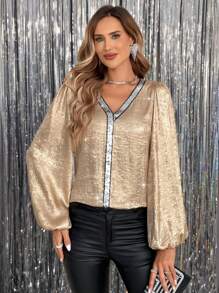SHEIN Clasi 女士 V 领亮片拼布灯笼袖圣诞派对金色衬衫 - 金色 - 查看 1