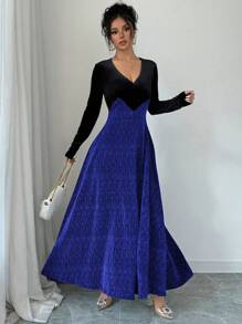 Modelyn 女士优雅黑色天鹅绒长袖 A 字裙超长女士套装长款晚礼服