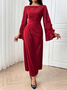 Modelyn Vestido ajustado de estilo árabe de unicolor con diseño calado para mujer