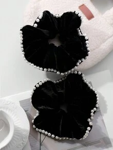 ROMWE Kawaii 2pcs Gothic Style White Faux Pearl & Black Elegant Hair Scrunchies, Fashionable & Casual For Women, Suitable For Daily Wear And Gifts