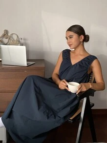 Livesso Vestido largo sin mangas con diseño de pliegues simples para uso doméstico