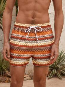 Manfinity VDAYZ Men's Beach Shorts Couples Matching Swimwear Drawstring Waist Front Tie Pocket Geometric Print Beach Vacation Hawaiian