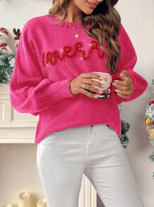 SHEIN LUNE Women's Autumn/Winter Contrast Color Letter Christmas Sweater, Oversized Turtleneck Knitted Pullover  Fall Outfit