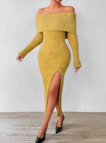 BamGleam Damen Pulloverkleid, langärmlig, lange Länge, Off-Shoulder V-Ausschnitt, Schlitz, sexy tailliert, bequem, Lässig, geeignet für Zusammenkünfte, Herbst/Winter, ganzjährig - Aprikosenfarben - Übersicht 4