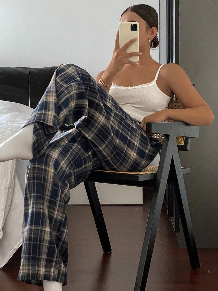 Livesso 격자 무늬 탄성 허리 캐주얼 루즈 편안한 홈웨어 아늑한 라운지 바지, 파자마, 가을 & 겨울 - 블루 - 보기 5