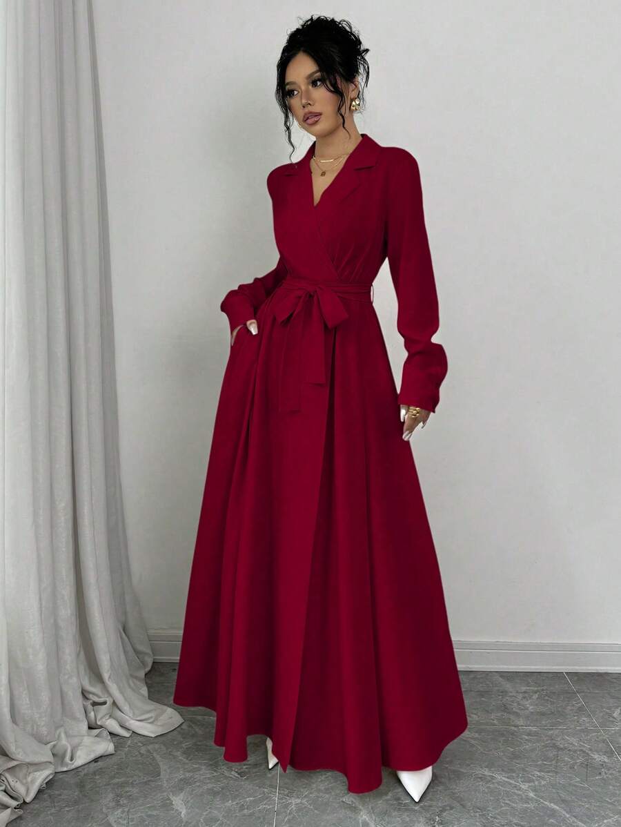 Selianne Elegant Waist Gather Design Dress With Collar And Pleats Fall Cloth For Women - Red - View 1