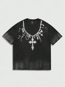 ROMWE MEN Goth Vintage Necklace Pattern Print Short Sleeve T-Shirt, Street Fashion Men's Casual Tee