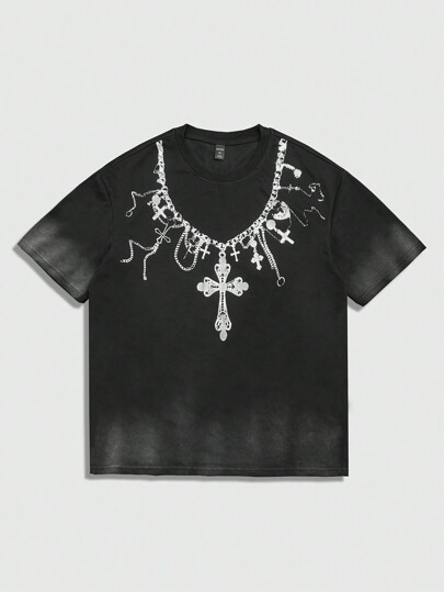 Goth Vintage Necklace Pattern Print Short Sleeve T-Shirt, Street Fashion Men's Casual Tee