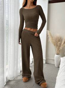SHEIN EZwear Set de 2 piezas con top de cuello redondo acanalado y pantalón de ajuste holgado para mujer - Café integral - Ver 6