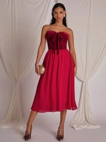 COSMINA Women's Elegant Patchwork Strapless Midi Dress For Party - Red - View 6