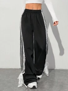 Muchica 女士松紧腰侧条纹阔腿宽松休闲裤