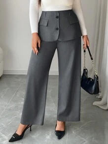 Calvaya 大码高腰拼接二合一裤子，纯色休闲直筒宽松通勤裤 - 深灰色 - 查看 3