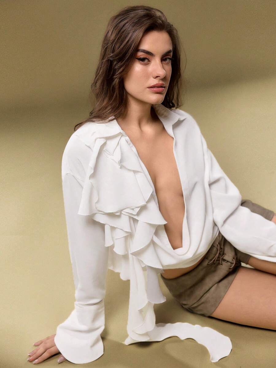 SHEIN Unity 女式优雅性感纯色垂领荷叶边衬衫，秋季 - 白色 - 查看 1