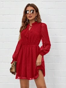 SHEIN Clasi Women's Frill Tie Neck Long Sleeve Elegant Short Dress - Red - View 4
