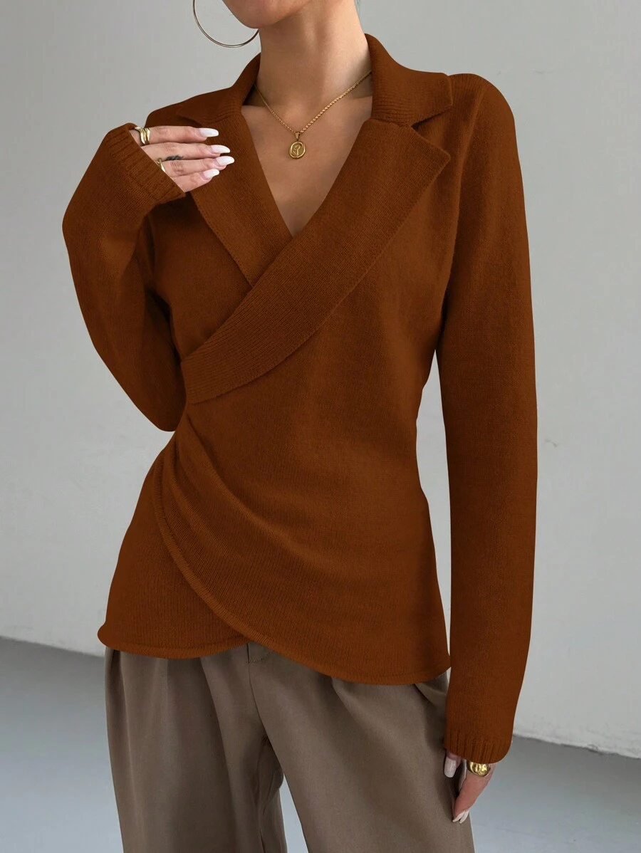 SHEIN Unity Women's Solid Color Crossover Lapel Long Sleeve High End Sweater, Autumn/Winter Knit Fall - Brown - View 1