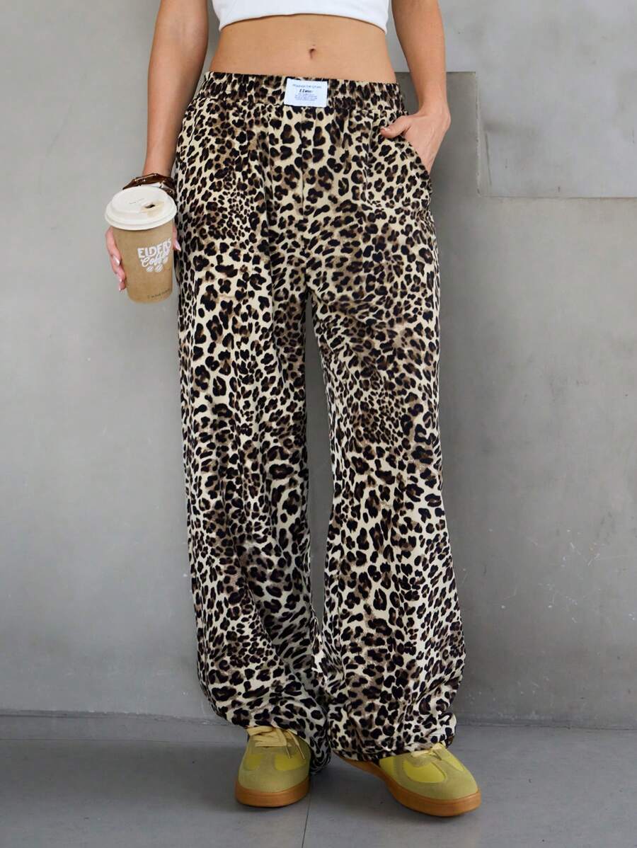 SHEIN Tween 女童休闲街头时尚编织豹纹直筒裤 - 摩卡棕 - 查看 1