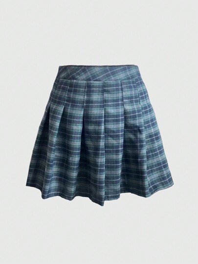 Jupe plissée style école à taille haute à carreaux, décontractée