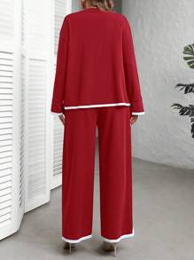 EMERY ROSE Conjunto de temporada de otoño de talla grande para mujer con blusa de cuello redondo de manga larga con abertura lateral en el bajo y pantalones de pierna ancha