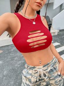 SHEIN ICON Y2k Grunge Black Cut Out Front Ribbed Knit Crop Tank Top - Red - View 3