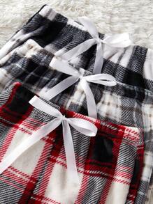 3pcs Women Plaid Print Flannel Pajama Set
