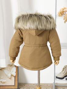 年轻女孩棉袄大衣，带仿口袋、毛领、保暖内衬、可调节腰部抽绳，冬季保暖 - 軍綠色 - 查看 2