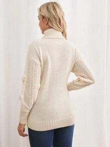 SHEIN Maternity Casual Pullover, High Neck Drop Shoulder Jacquard Knit Sweater, Winter Maternity Clothing - Khaki - View 2