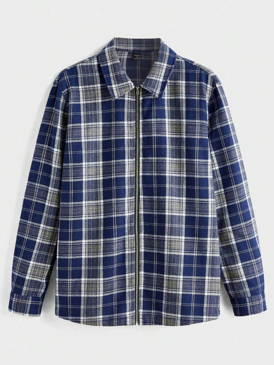 Manfinity VCAY 男士编织休闲格子长袖拉链衬衫，宽松版型日常年轻风格 - 藍色 - 查看 1