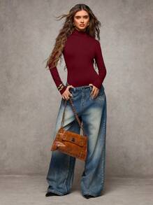 SHEIN BAE 女士纯色长袖露背高领性感紧身衣 - 酒紅色 - 查看 6