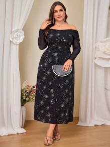 SHEIN Belle Plus Size Knitted Contrast Mesh Black Waist-Cinched A-Line Dress, Wedding Guest Dress Music Festival  Spring/Summer - Black - View 6