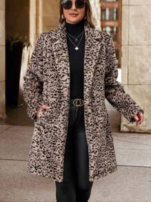SHEIN Clasi Plus Size Leopard Print Fleece Jacket, Casual & Fashionable For Daily Wear - Pink - View 6