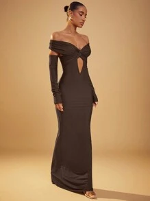 Hauture Brown Off Shoulder Front Cut Out Women's Maxi Party Dress - Coffee - View 6