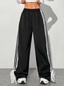 Muchica 女士松紧腰侧条纹阔腿宽松休闲裤