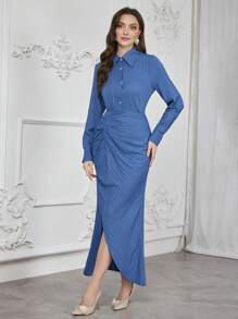 Modelyn Women's Blue Unique Textural Fabric Slimming High-Waisted Dress Maxi Women Outfit Long Evening Dresses Fall Cloth For Women - Blue - View 3