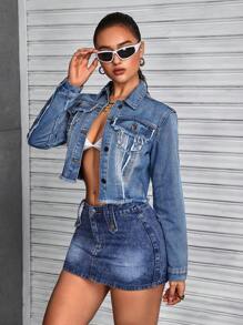 SHEIN ICON Jachetă de denim casual pentru femei, minimalistă și la modă pentru ținuta de zi cu zi