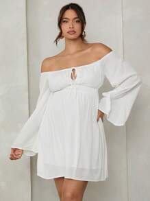 MaterniChic Romantic Off-Shoulder Flounce Sleeve Waist Maternity Dress, Valentine's Day - White - View 6