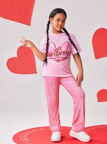 Conjunto de 2 piezas para niñas preadolescentes que incluye camiseta de manga corta con estampado de corazón rosa y pantalones largos con textura de mezquita, diseño de moda y alegre adecuado para la escuela, salidas, primavera/verano
