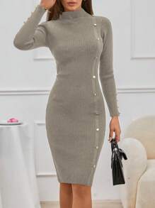 EURMUSE Mock Neck Button Front Sweater Dress Without Belt - Cream - View 4