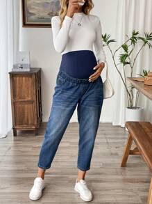 SHEIN Maternity Knit Belly Support Blue Denim Slim Tapered Pants - Blue - View 5