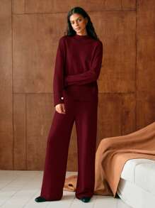 MOTF PREMIUM HIGH NECK BUTTON DETAIL SWEATER & SWEATER PANTS - Burgundy - View 7