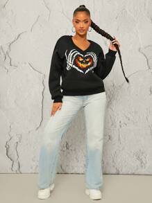 SHEIN SXY Nightclub Halloween Hand Pumpkin Face Print V-Neck Long Sleeve Sweatshirt In Fall/Winter - Black - View 6