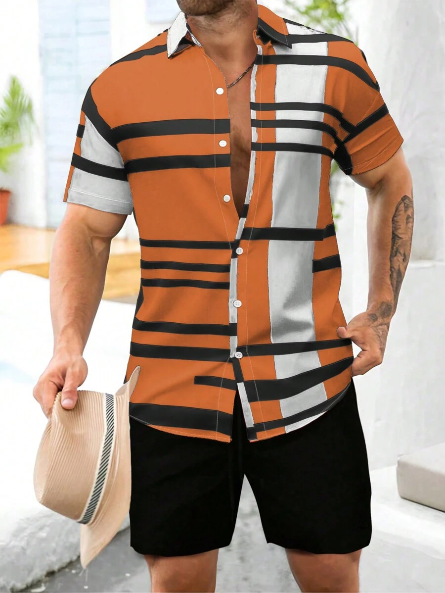 Manfinity Homme 2pcs Set Men Vacation Casual Colorblock Short Sleeve Shirt And Solid Shorts - Multicolor - View 1