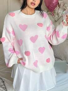 Flirla Plus Size Women Heart Pattern 3D Jacquard Lantern Sleeve Sweater, Round Neck Casual Drop Shoulder Long Sleeve Pullover, Suitable For Valentine's Day Holiday, Indoor/Outdoor Wear, Featuring Heart Knit Pullover Fall Winter Outfit