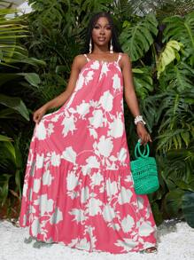 Slaydiva 夏季假期薄款吊带 A 字下摆长裙绿色植物全身印花女士连衣裙 - 西瓜粉 - 查看 7