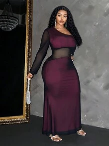 Maweii Plus Size Women Elegant Long Sleeve Asymmetrical Neckline Fish Tail Hollow Out Sexy Waisted Bodycon Dress Maxi Women Outfit Fall Cloth For Women - Hot Pink - View 5