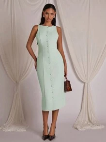COSMINA Vestido midi sin mangas de unicolor para mujer, casual y de moda para uso diario