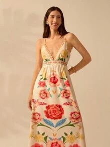 CAJUNI Women's Boho Colorful Tropical Plant Print V-Neck Spaghetti Strap Dress, Casual Summer Beach