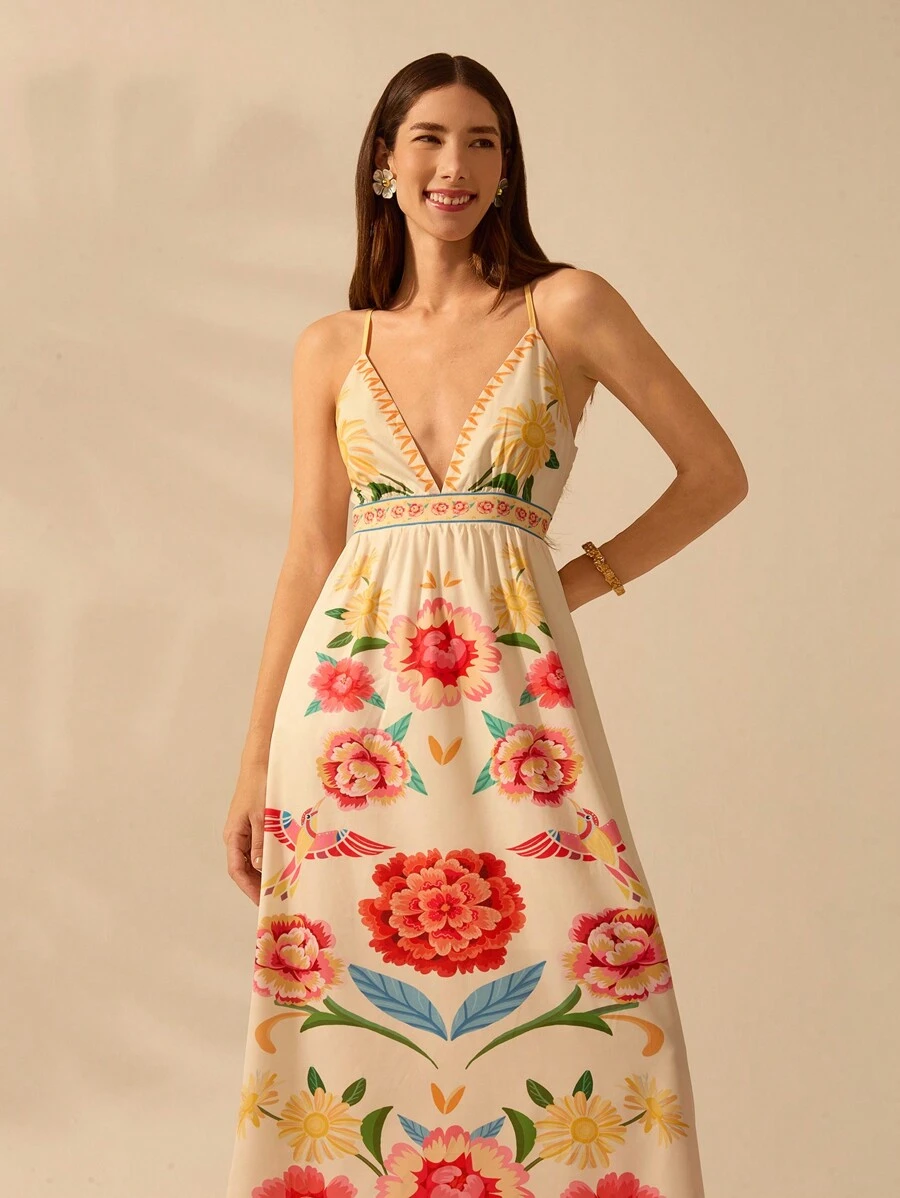 CAJUNI Women's Boho Colorful Tropical Plant Print V-Neck Spaghetti Strap Dress, Casual Summer Beach